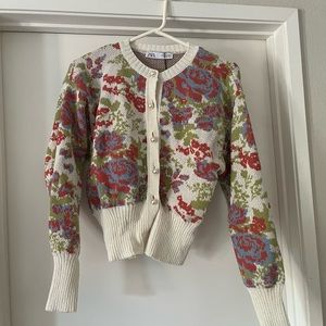 Zara Floral Knit Jacquard Cardigan Sweater Women’s Size Small Multicolored - New